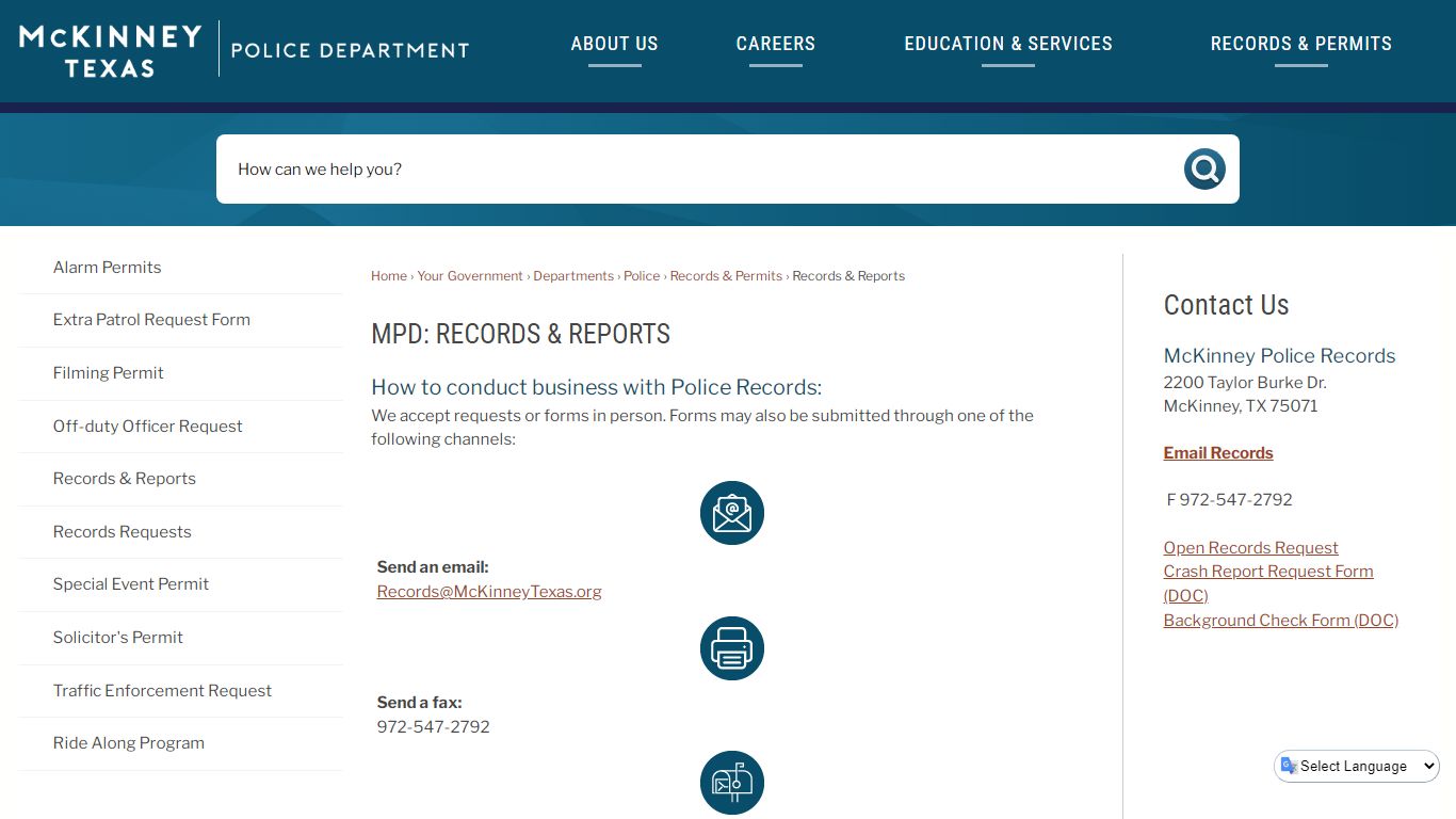 MPD: RECORDS & REPORTS | McKinney, TX - Official Website