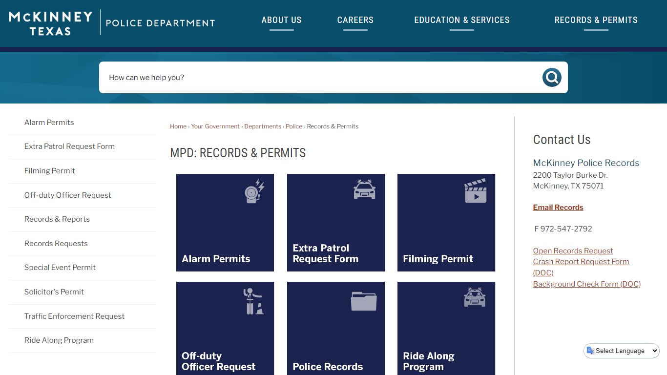 MPD: RECORDS & PERMITS | McKinney, TX - Official Website